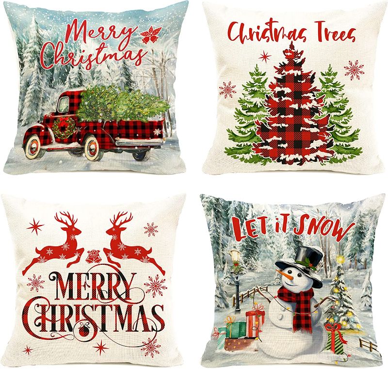 Photo 1 of Christmas Pillow Covers,Snowman Pillow Covers 18x18, Holiday Farmhouse Truck and Tree Pillow Covers Set of 4 Outdoor, Linen Christmas Pillow Covers for Home Sofa Decor
