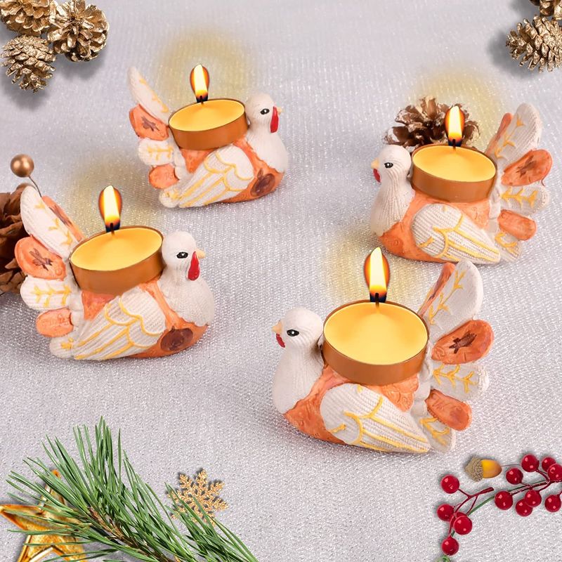 Photo 1 of 4 Pack Thanksgiving Decorations Turkey Candle Holder Vintage Rustic Tea Light Candle Holder Resin Farmhouse Thanksgiving Decor Table Centerpiece for Window,Home,Fireplace,Party