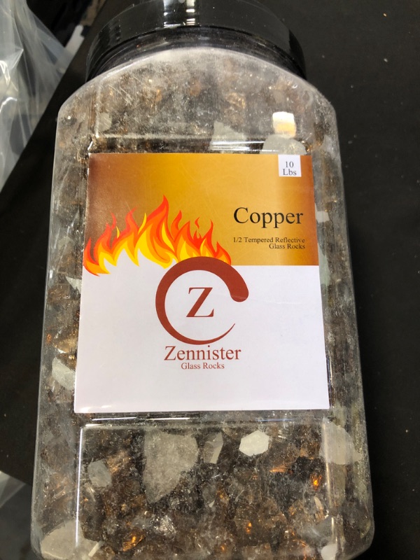 Photo 3 of Z Zennister Fire Pit Glass Rocks,  High Luster, 1/2" Reflective Tempered Fire Glass in Copper, 10 Pound Jar  for Natural or Propane Fireplace, Crushed Glass Stones for Firepit, Garden or Patio