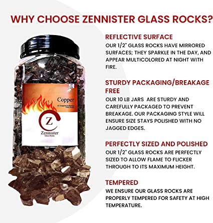 Photo 2 of Z Zennister Fire Pit Glass Rocks,  High Luster, 1/2" Reflective Tempered Fire Glass in Copper, 10 Pound Jar  for Natural or Propane Fireplace, Crushed Glass Stones for Firepit, Garden or Patio