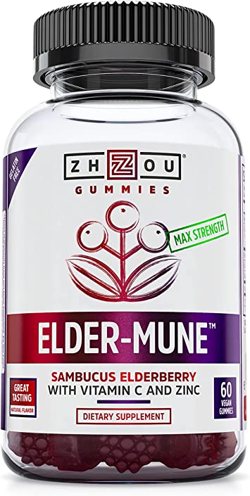 Photo 1 of Zhou Nutrition Elder-Mune Sambucus Elderberry Gummies wit h Zinc and Vitamin C for Adults & Kids (Age 4+) Immune Support with Antioxidants, Vegan, Gluten Free, Non-GMO, 30 Servings, 60 Gummies  EXP 10/2022