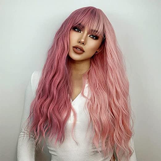 Photo 1 of FORCUTEU Pink Wig Long Wavy Wigs for Women Pink Wig with Bangs Heat Resistant Synthetic Wig for Party Use 26 Inches