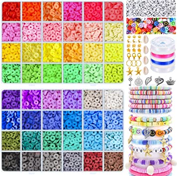 Photo 1 of 10200 Pcs Clay Beads for Bracelet Making Kit 48 Colors 6mm Polymer Clay Beads Flat Round Spacer Heishi Beads with Pendant Charms and Elastic Strings for Jewelry Bracelets Necklace Making