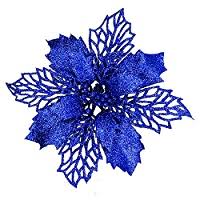 Photo 1 of 24 Pcs Christmas Blue Glittered Mesh Holly Leaf Artificial Poinsettia Flowers Picks Tree Ornaments 5.9" W for Blue Christmas Tree Wreath Garland Floral Gift Wedding Holiday Winter Decoration
