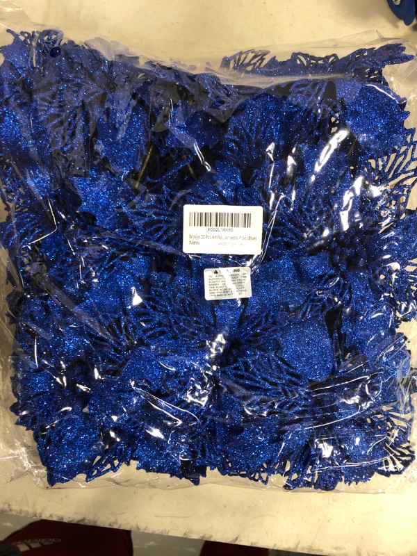 Photo 2 of 24 Pcs Christmas Blue Glittered Mesh Holly Leaf Artificial Poinsettia Flowers Picks Tree Ornaments 5.9" W for Blue Christmas Tree Wreath Garland Floral Gift Wedding Holiday Winter Decoration
