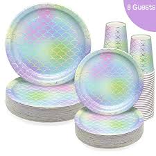 Photo 1 of 150 PCS Mermaid Party Supplies Paper Dinnerware Set - Bridal Wedding Baby Shower Girl Birthday Hawaii Ocean Cocktail Party Disposable Tableware with 50 Dinner Plates, 50 Dessert Plates, 50 9 oz Cups
