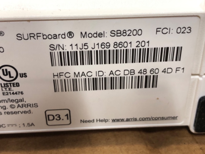 Photo 1 of ARRIS SURFboard SB8200 DOCSIS 3.1 Cable Modem | Approved for Comcast Xfinity, Cox, Charter Spectrum, & more | Two 1 Gbps Ports | 1 Gbps Max Internet Speeds | 4 OFDM Channels | 2 Year Warranty
