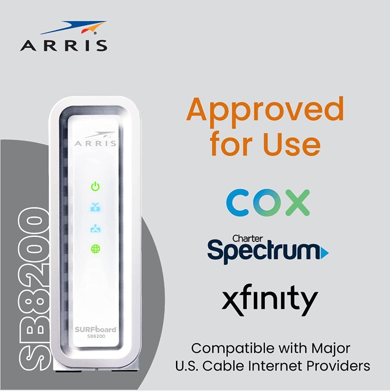 Photo 1 of ARRIS SURFboard SB8200 DOCSIS 3.1 Cable Modem | Approved for Comcast Xfinity, Cox, Charter Spectrum, & more | Two 1 Gbps Ports | 1 Gbps Max Internet Speeds | 4 OFDM Channels | 2 Year Warranty
