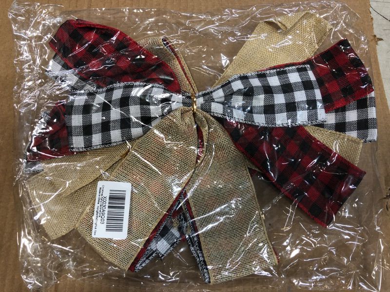 Photo 3 of Christmas Bows Tree Topper Bow Red Black White Buffalo Plaid Ornaments Handmade Farmhouse Large Gift Bow for Wreath Door Burlap Rustic Farmhouse Holiday Home Decor