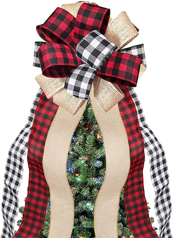 Photo 1 of Christmas Bows Tree Topper Bow Red Black White Buffalo Plaid Ornaments Handmade Farmhouse Large Gift Bow for Wreath Door Burlap Rustic Farmhouse Holiday Home Decor