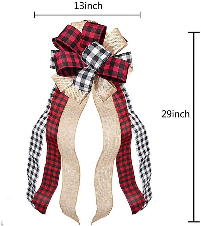 Photo 1 of Christmas Bows Tree Topper Bow Red Black White Buffalo Plaid Ornaments Handmade Farmhouse Large Gift Bow for Wreath Door Burlap Rustic Farmhouse Holiday Home Decor