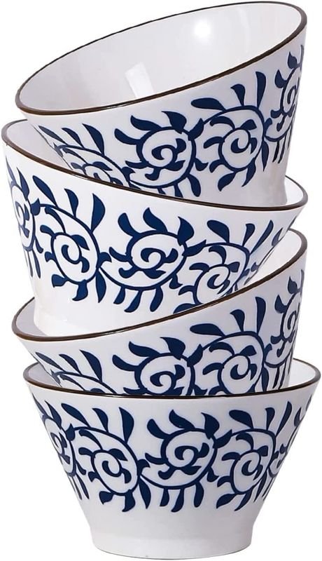 Photo 1 of AnBnCn Ceramic Dipping Bowls,14 oz Japanese Rice Bowl, Porcelain Cereal Bowls for Kitchen - Nice Choice of Gifts, Blue Bowl Set of 4,Microwave and Dishwasher Safe,Style-A
