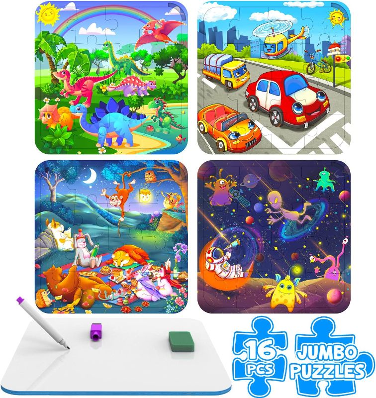 Photo 1 of CALSPY Jumbo Puzzles for Kids Ages 2-5, 4 Pack 16pcs Jigsaw Puzzles Kids Doodle Scribble Drawing Board, Preschool Educational Learning Toys Set for Boys Girls Children…
, FACTORY SEALED 