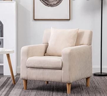 Photo 1 of ALIMORDEN Modern Cotton Fabric Club Chair with Pillow, Sofa Side Single Padded Armchair with Wooden Frame, Retro Upholstered Lounge Seat, Comfy Reading Chair for Living Room, Bedroom, beige------missing some hardware 