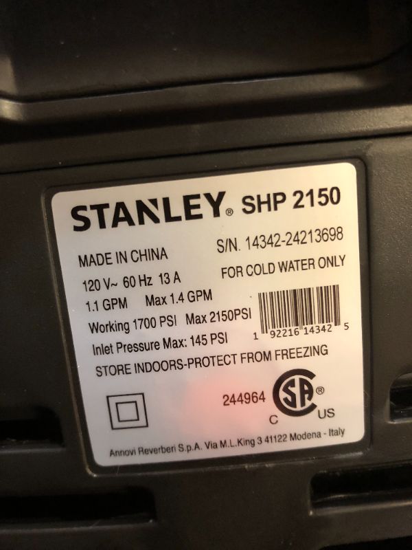 Photo 3 of Stanley SHP2150 Portable Electric Pressure Washer, 2150 PSI, 1.4 GPM, 13 AMP, with Metal Lance, Foam Cannon, M22 Trigger Gun, 25' Hose, Quick Connect Nozzles
