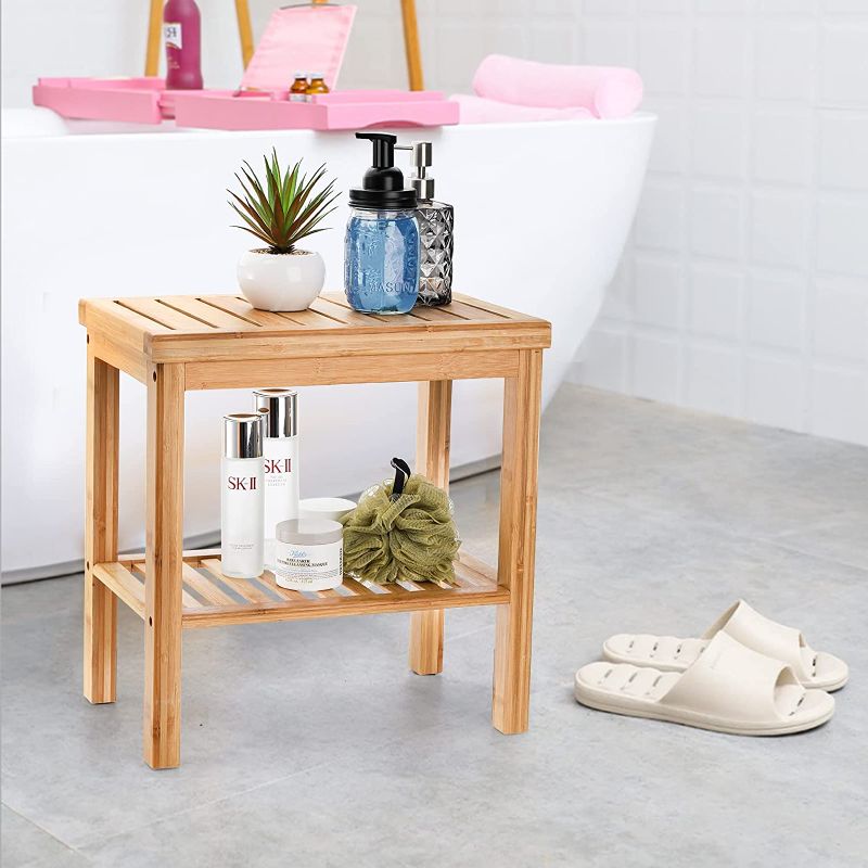Photo 1 of  Bamboo Shower Bench, Bath Seat Stool, Spa Foot Rest Shaving Stool, Storage Shelf for Shampoo Towel, Works in Inside Bathroom, Living Room, Bedroom, Garden Leisure