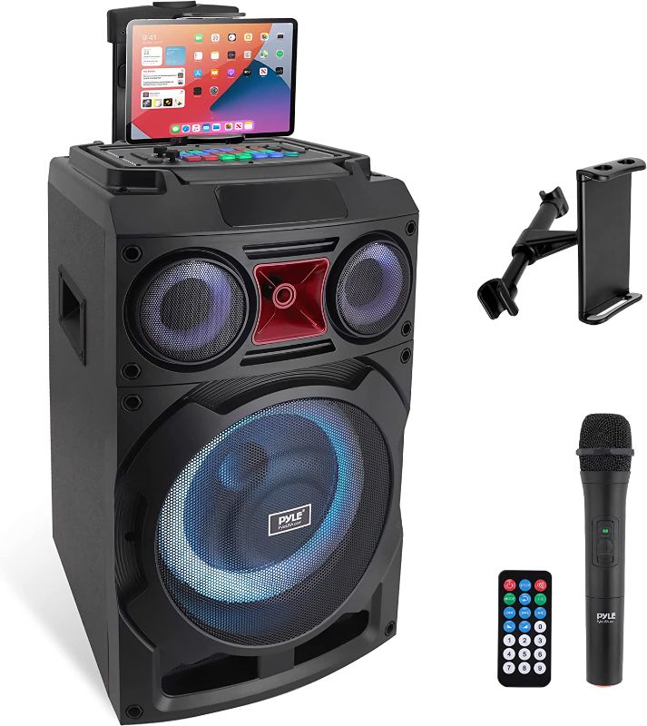 Photo 1 of Portable Bluetooth PA Speaker System - 800W 10” Rechargeable Speaker, TWS, Party Light, LED Display, FM/AUX/MP3/USB/SD, Wheels - Wireless Mic, Remote Control, Tablet Holder Included - Pyle PHP210DJT------there is a crack on the top part view pictures 
