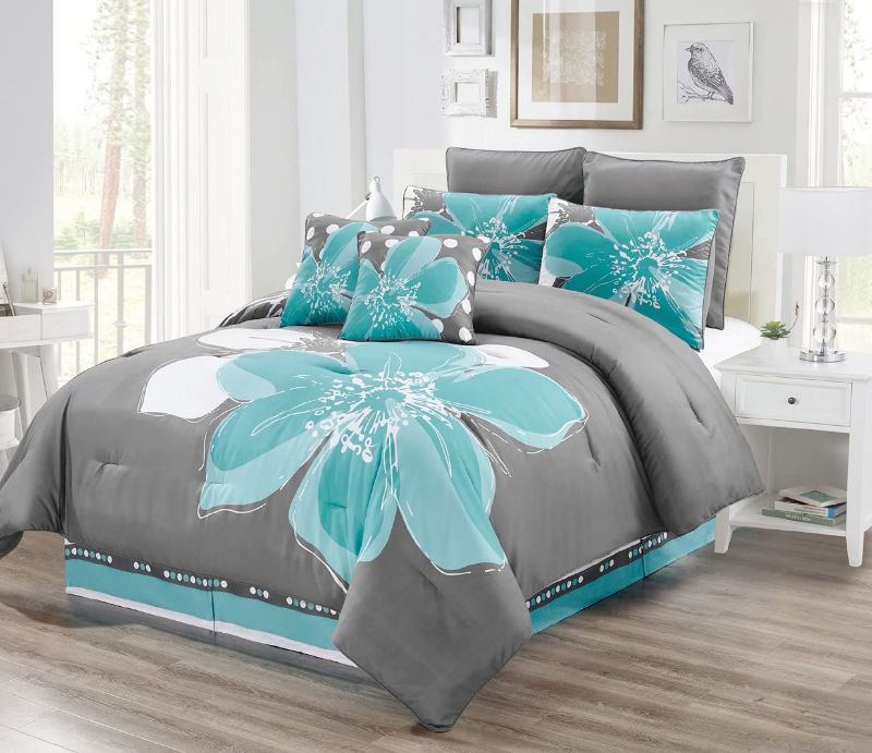 Photo 1 of 8 - Piece Aqua Blue, Grey, White Floral Comforter Set Queen Size Bedding + Accent Pillows
