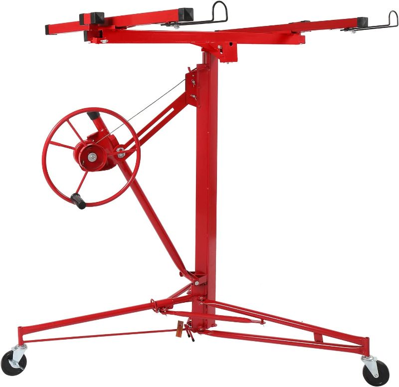 Photo 1 of Drywall Lift Panel 11ft Drywall Rolling Lifter Panel, 150lb Weight Capacity Panel Hoist Jack Tool Construction Caster Wheels Lockable Tool, Drywall Jack Lifter Rolling Hoist Jack Lifter Sheetrock, Red===there are some damage parts 
