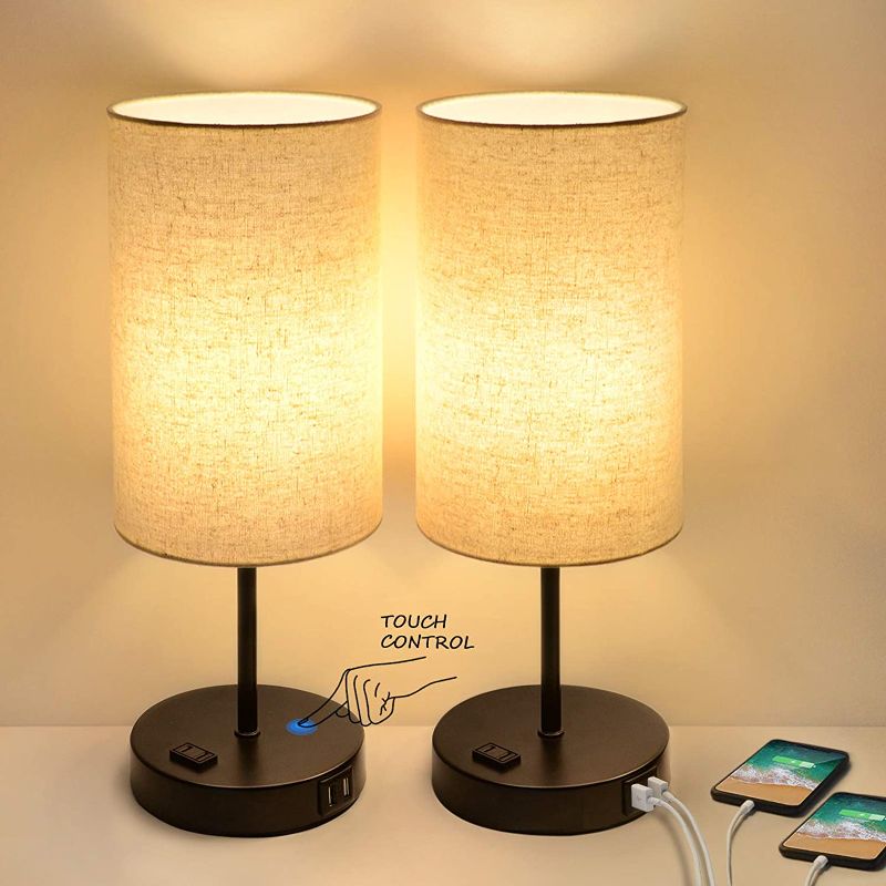 Photo 1 of Set of 2 Touch Control 3-Way Dimmable Table Lamp with 2 USB Ports Modern Nightstand Lamp with AC Outlet Bedside Lamps with Fabric Shade Desk Lamp for Living Room Bedroom Hotel, Cream, Bulbs Included
