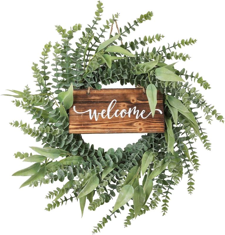 Photo 1 of Wreath Front Door Decor Eucalyptus - 26 inch Farmhouse Large Wreath Spring Summer Welcome Sign Green Decorative Outdoor Home Porch Reef
