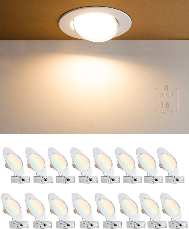 Photo 1 of 16Pack of 4 Inch Gimbal Led Recessed Light, 360°+90° Adjustable Directional Ceiling Light 4Inch, 3000K/4000K/5000K Dimmable Retrofit Eyeball Gimbal Can Light 9W=100W 1000LM–IC Rated
