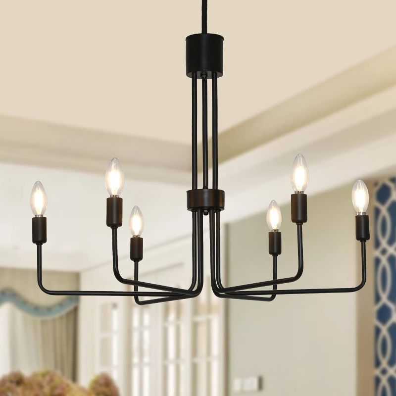 Photo 1 of 6-Lights Chandelier Vintage Farmhouse Industrial Black Pendant Lighting Fixture Rustic Metal Candle Style Chandeliers for Kitchen, Dinning Room, Hallway, Living Room
