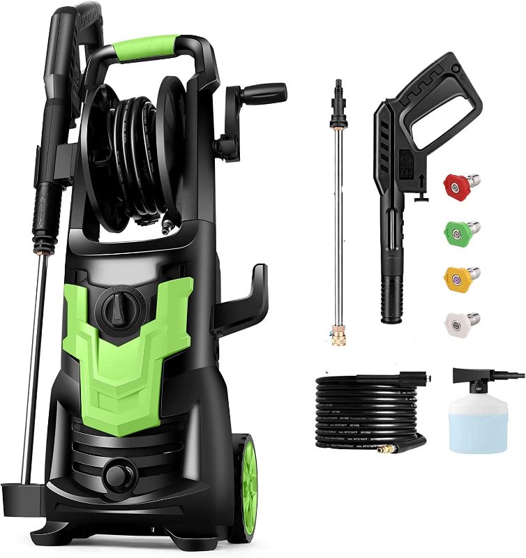 Photo 1 of WHOLESUN Max 3500PSI Electric Pressure Washer, 1900W High Power Washer, 2.6 GPM Powerful Machine with Hose Reel, Self Assembled, Rotatable Iron Spray Lance for Patio, Garden, and Car Cleaning(Green)
