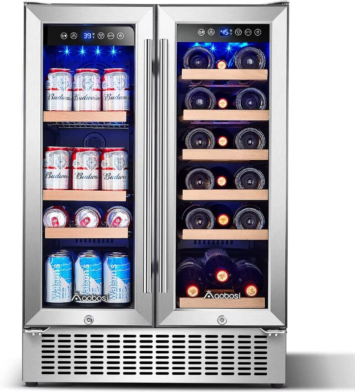 Photo 1 of AAOBOSI 24 Inch Beverage and Wine Refrigerator Dual Zone Wine Cooler with Memory Temperature Control,LED Light,Energy Saving,2 Safety Locks,Hold 18 Bottles and 57 Cans, Built-In or Freestanding----brand new out of the box 
