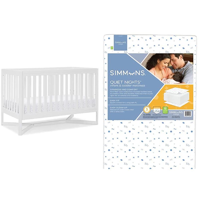 Photo 1 of Delta Children Tribeca 4-in-1 Baby Convertible Crib + Simmons Kids Quiet Nights Crib and Toddler Mattress Made from Recycled Water Bottles/GREENGUARD Gold Certified [Bundle], Bianca WhiteF-----MISSING MATTRESS AND OTHER PARTS MSSING HARDWARE 
