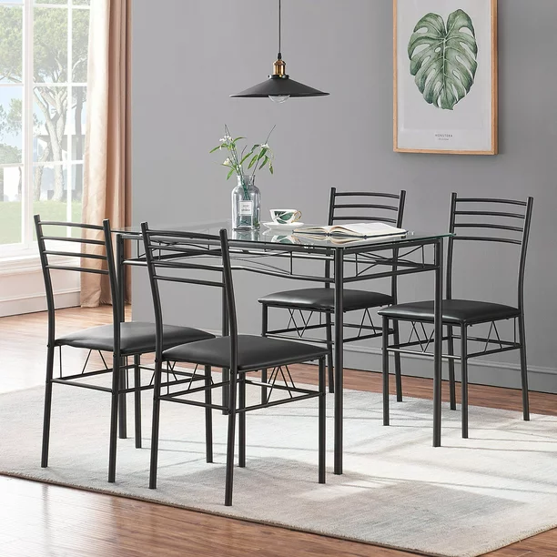 Photo 1 of 5 Pcs Dining Table Set, Home Dining Table and 4 Chairs Set with Tempered Glass Tabletop Padded Seat?43.3"X27.5"X30"
