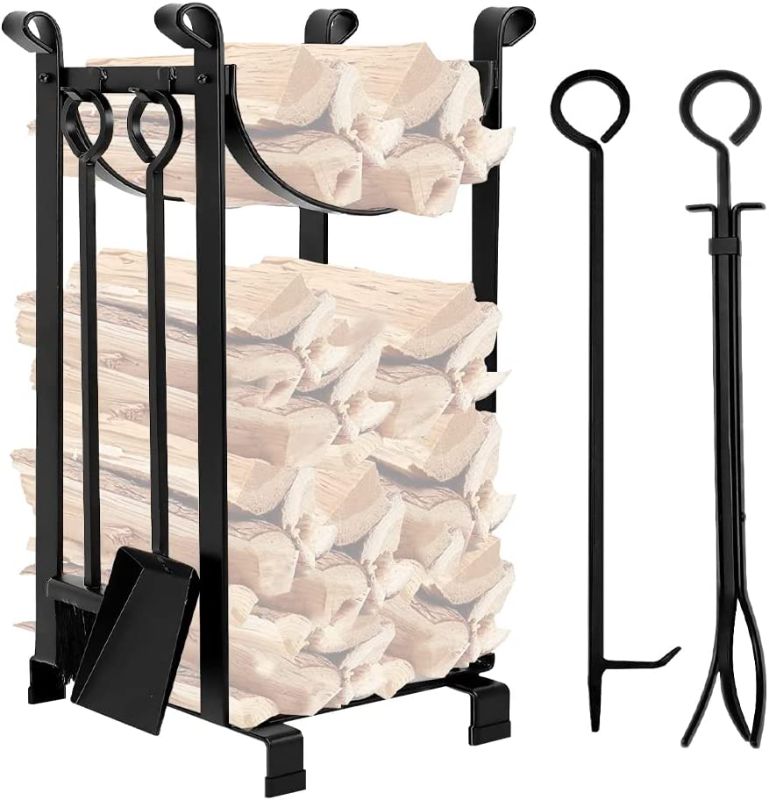 Photo 1 of Amagabeli Firewood Rack Outdoor Indoor with tools Heavy Duty Fireplace Tool Rack Firewood Holder Outdoor Wood Rack with 4 Pcs Tools Wrought Iron Wood Storage log racks for Wood Stove Black
