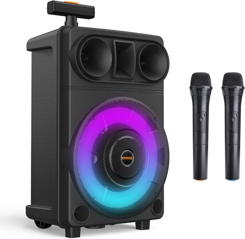 Photo 1 of EARISE R18 Portable PA System Speaker with 2 Wireless Microphones, 8” Subwoofer & 1" Tweeter, RGB Lights, Supports USB/AUX/TF/FM, Rechargeable Bluetooth Speaker, Karaoke Machine for Adults Kids Party
