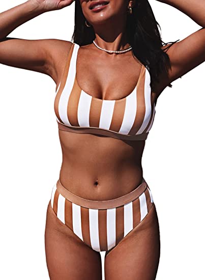 Photo 1 of Aleumdr Women's Crop Top Striped Printed High Waisted Cheeky Bikini Set Two Piece Swimsuits
