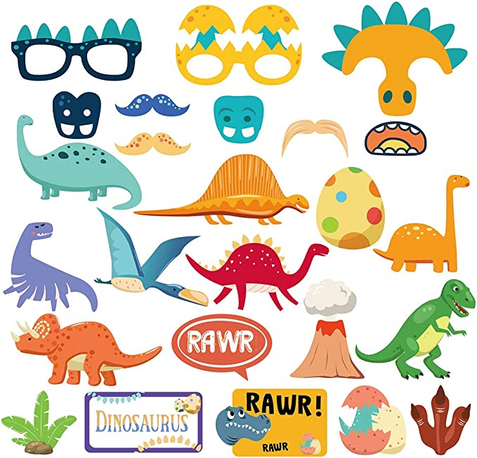 Photo 1 of 25CT Dinosaurs Photo Booth Props with Stick,Fossils Selfie Props,Jurassic Themed First Birthday Party Supplies,Dinosaurs Theme Backdrop Decorations
