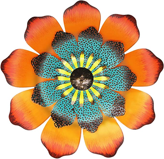 Photo 1 of 16 Inch Large Metal Flower Outdoor Wall Decor Garden Hanging Decoration for Patio Bedroom Living Room Office, Orange