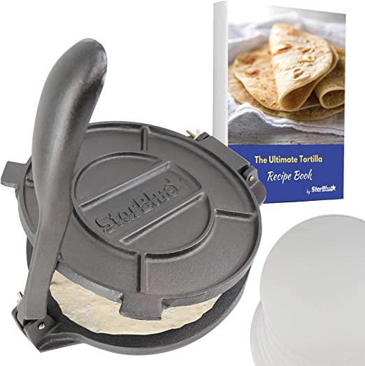 Photo 1 of 10 Inch Cast Iron Tortilla Press by StarBlue with FREE 100 Pieces Oil Paper and Recipes e-book - Tool to make Indian style Chapati, Flour Tortilla, Roti
