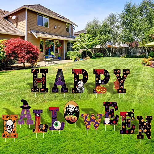 Photo 1 of 14 PCS Halloween Outdoor Decorations, Happy Halloween Yard Signs with Stakes for Garden Lawn, Halloween Party Supplies, Scary Ghost Skeleton Pumpkins Mummies for Outdoor Decor