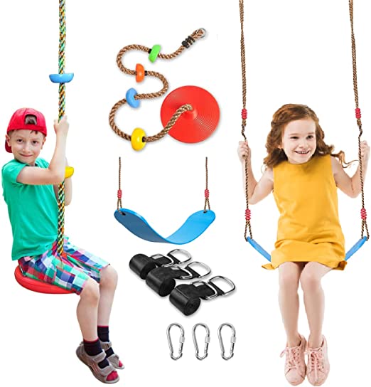 Photo 1 of SUNCITY Swing Set 2 Pack Swings Seats Tree Climbing Rope Swing Multicolor with Platforms, Outdoor Toys for Kids Ages 3+, Outside Playground Backyard Swingset Accessories with 5Ft Strap and Snap Hook
