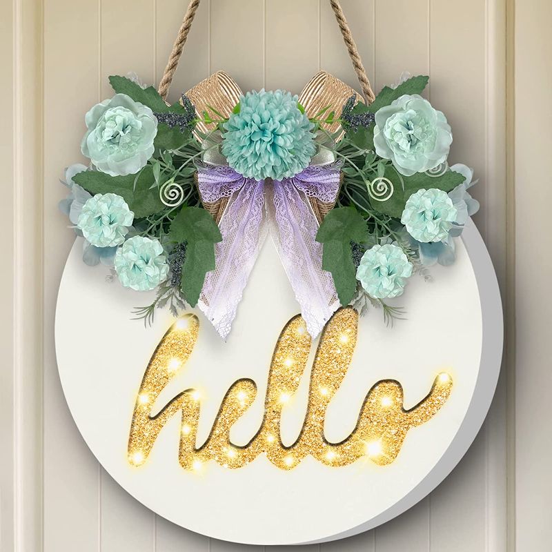 Photo 1 of  Welcome Sign Wreath with Timer Lights for Front Door Decor, Rustic Wooden Hanging Hello Sign Artificial Eucalyptus Daisy Spring Summer Farmhouse Porch Decoration Home Wall Outdoor (Wood)
