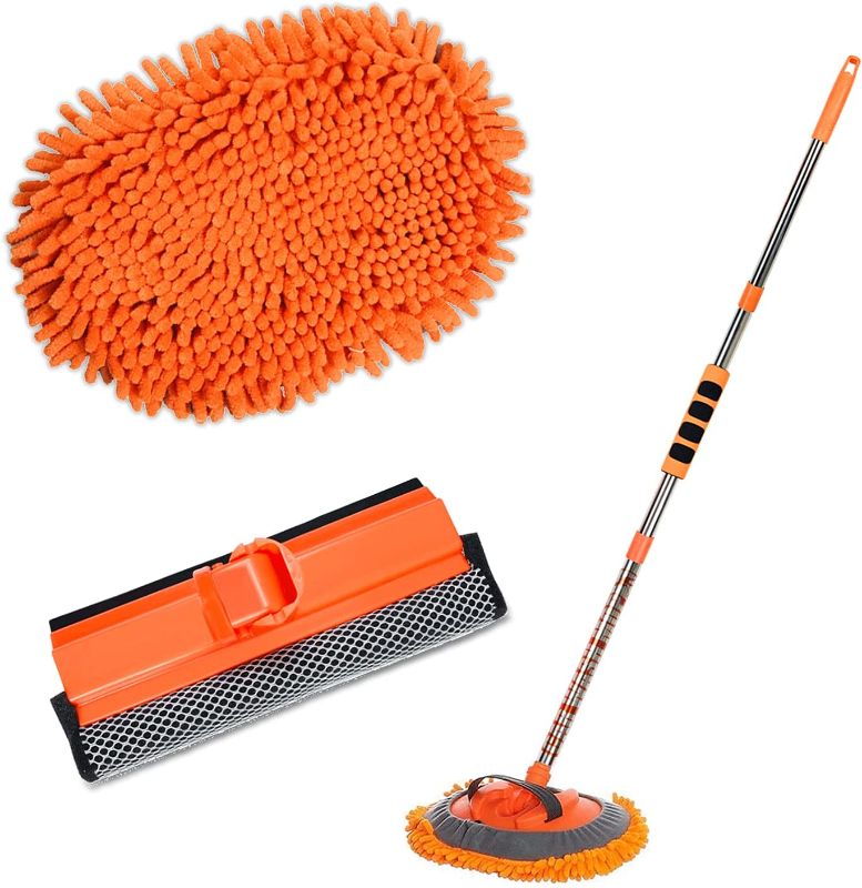 Photo 1 of AgiiMan Car Wash Brush with Long Handle - 3 in 1 Car Cleaning Mop, Chenille Microfiber Mitt Set, Adjustable Length 24in-43in Glass Scrabber Vehicle Cleaner Kit, Orange  -- FACTORY SEALED --
