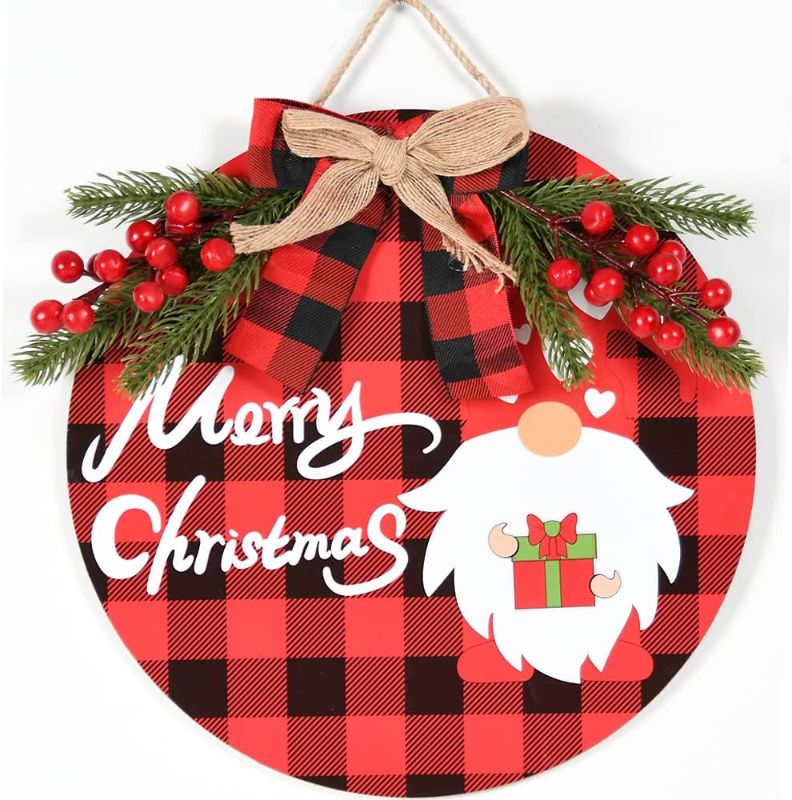 Photo 1 of  Christmas Wreath - Buffalo Plaid Xmas Decorations - Winter Wreaths Merry Christmas Sign for Holiday Rustic Farmhouse Front Door Porch Wall Window Outside Decorations (Red)
