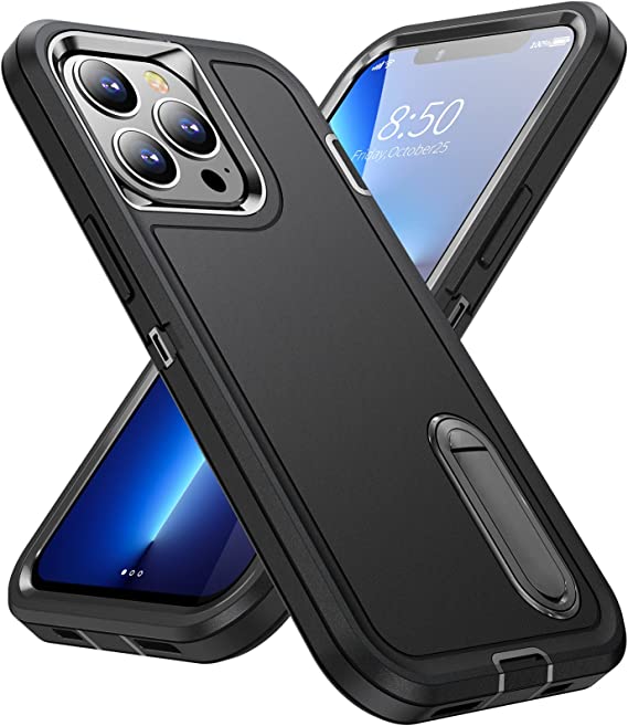 Photo 1 of  iPhone 12 Pro Max Case with Stand, Heavy Duty Protection 360 Full Body Shockproof Case with Tempered Glass Screen Protector--BLACK