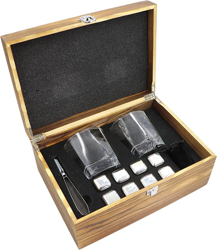 Photo 1 of 
Minutesway 8 Pcs Whiskey Stones, Stainless Steel Metal Ice Cubes Reusable and 2pc Bourbon Glasses Set with Tongs and Wooden Gift box, Chilling Rocks, Gifts for Whisky Scotch Lovers
