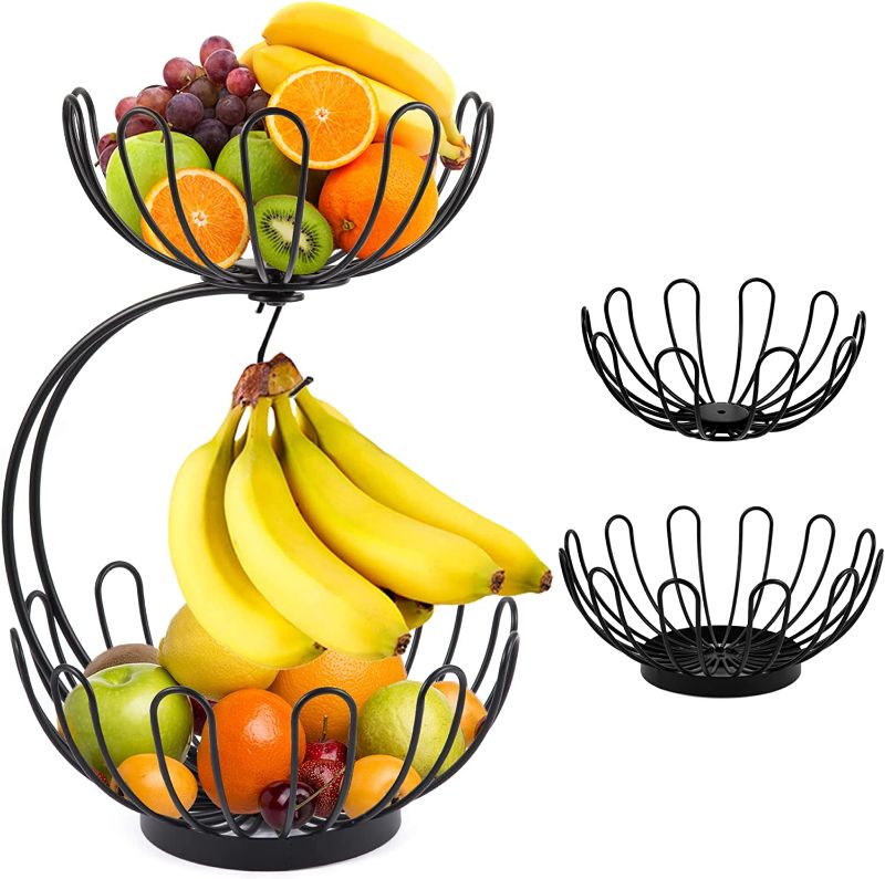 Photo 1 of 
Fruit Basket,Tymvic 2 Tier Fruit Basket with Banana Hanger for Counter,Metal Wire Double Layer Fruit Rack with Banana Hook for Kitchen Counter,Black Detachable Two Tiered Fruit Bowl for Veggies,Holder
