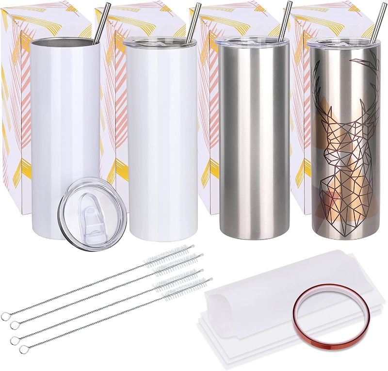 Photo 1 of 20 oz Sublimation Blanks Tumbler Bulk, 4 Pack Stainless Steel Skinny Tumblers with Lids and Straws, Brushes, Sublimation Wraps and Gift Boxes, DIY Sublimation Printing Gifts (2 White, 2 Steel, 4 Pack)
