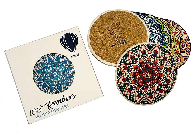 Photo 1 of 100 RAINBOWS Premium Absorbent Ceramic Coasters (Mandala Design) - Set of 6 with Anti Scratch Cork Backing…
