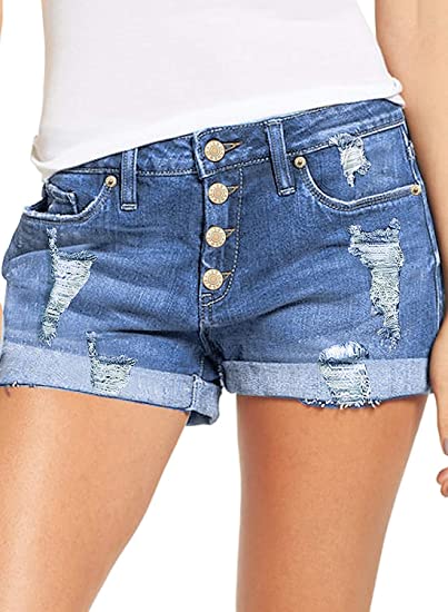 Photo 1 of luvamia Women's Ripped Denim Jean Shorts High Waisted Stretchy Folded Hem Short Jeans LARGE 
