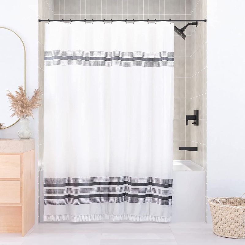 Photo 1 of Boho Shower Curtain, Farmhouse Shower Curtain, Black and White Shower Curtain, Size 72x72 Shower Curtains, White Shower Curtain for Bathroom, Tassel Shower Curtain Set, Shower Curtain Hooks Included
