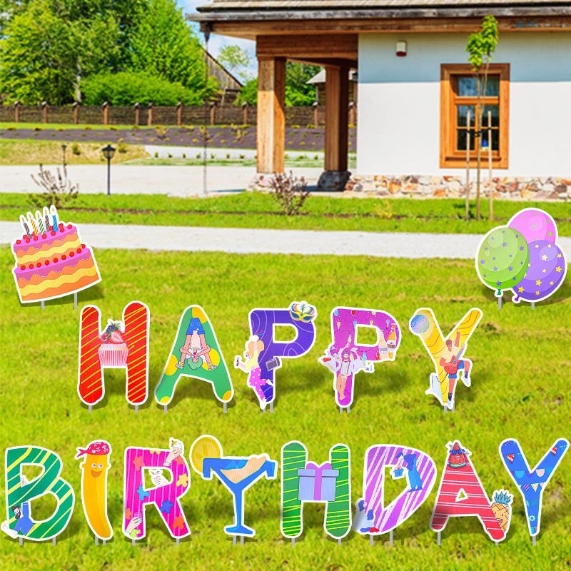 Photo 1 of 15 PCS Happy Birthday Yard Signs with Stakes, 15” Large Outdoor Colorful Lawn Decorations, Weatherproof Corrugated Plastic Decor Sign Letters for Summer Birthday Party
